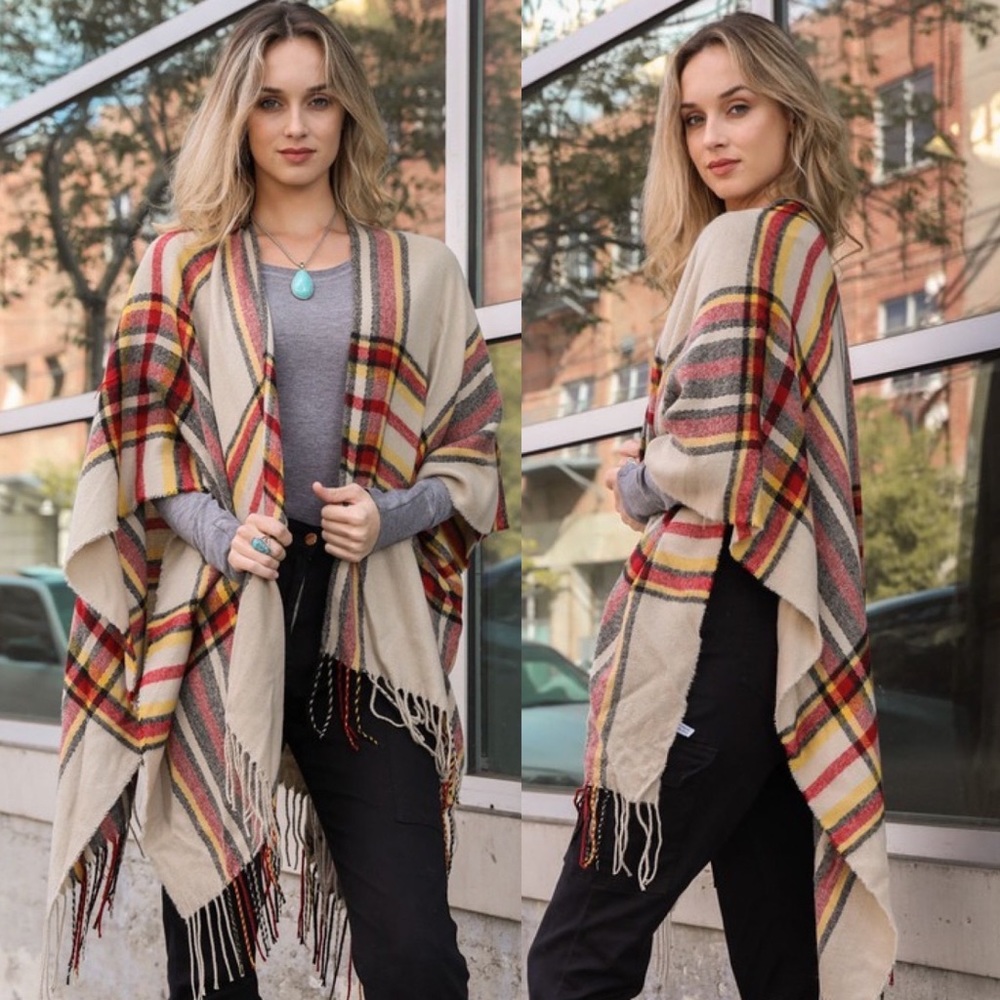 Plaid Multicolor Fringe Poncho - Picture 1 of 6
